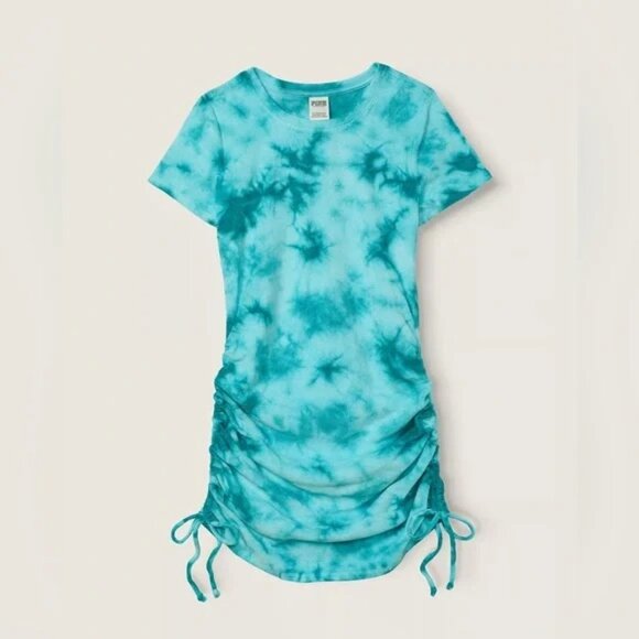PINK Mini Dress L Beach Cover Up Terry Cloth Blue Tie Dye Victoria's Secret - Picture 2 of 9